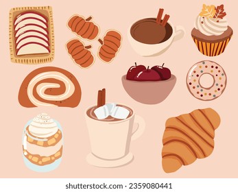 Pumpkin dish. Vector set of gingerbread cookies pumpkin shape, hot chocolate, croissant, cake, latte with cinnamon, roll cake, bowl of  apple. Traditional autumn Thanksgiving food. 