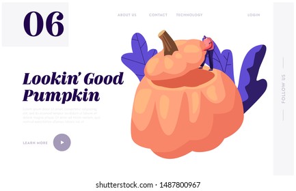 Pumpkin Dish Website Landing Page. Tiny Male Character Stand on Huge Hollow Gourd Prepared for Thanksgiving Day Celebration, Ripe Squash Festive Meal Web Page Banner. Cartoon Flat Vector Illustration