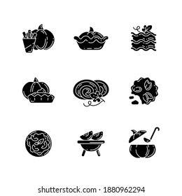 Pumpkin dishes black glyph icons set on white space. Traditional autumn season cuisine, homemade meals silhouette symbols. Various recipes for halloween and thanksgiving. Vector isolated illustrations