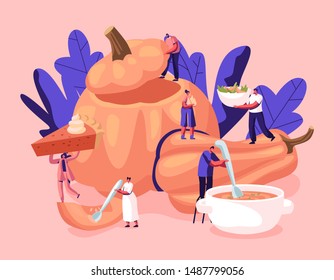 Pumpkin Dishes Concept. Tiny Male and Female Characters Cooking and Eating Traditional Thanksgiving Food Pie, Porridge and Soup made of Fresh Tasty Ripe Pumpkin. Cartoon Flat Vector Illustration