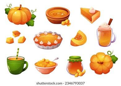 Pumpkin dishes. Cooked pumpkins dish, porridge vegetable piece sweet drink with cinnamon pie puree soup, seasonal harvest food on halloween fall holiday garish vector illustration of food from pumpkin