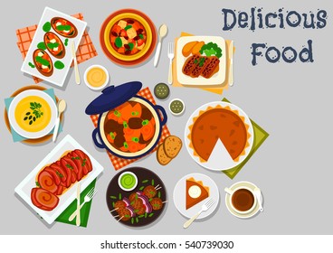 Pumpkin Dishes For Healthy Lunch Icon With Cream Soup, Baked Pork In Bacon, Vegetable Pork Stew, Vegetarian Stew With Bean, Lamb Meatball, Pumpkin Pie, Beef Roll, Pumpkin Cheese Bruschetta