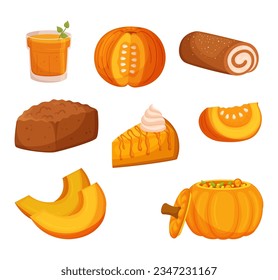 Los Platos De Calabaza Incluyen Pie, Sopa Y Pasta Asada. Ropa dulce, zumo recién hecho y panadería. Estas Comidas Son Versátiles Y Deliciosas, Muy Populares En Temporada De Caída. Ilustración del vector de dibujos animados