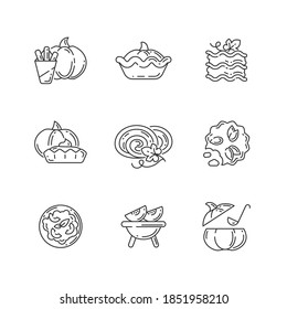 Pumpkin dishes linear icons set. Traditional autumn cuisine customizable thin line contour symbols. Recipes for halloween and thanksgiving. Isolated vector outline illustrations. Editable stroke