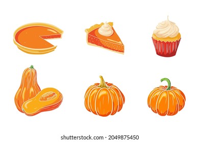 Pumpkin Dishes Set. Fresh ripe pumpkins, pumpkin pies and cupcake. Traditional Thanksgiving food collection for stickers, invitation, menu and greeting cards decoration. Premium Vector