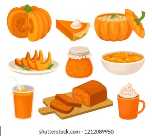 Pumpkin dishes set, pie, jam jar, fruitcake, porridge, spice whipped latte, smoothie vector Illustration on a white background