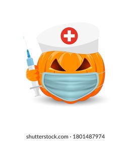 Pumpkin doctor. Pumpkin with medical mask and syringe on white background. The main symbol of the holiday Happy Halloween. Vector illustration.