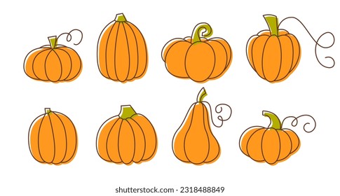 Pumpkin Doodle Collection. Cute Cartoon Pumpkins. Autumn Harvest Design elements. Hand Drawn Squash.