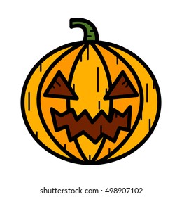 Pumpkin doodle icon. Isolated colored logo on white background. Vegetable for holiday Halloween party. Vector illustrator.