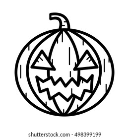 Pumpkin doodle icon. Isolated lines logo on white background. Vegetable for holiday Halloween party. Black and white art. Vector illustrator.