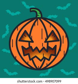 Pumpkin doodle icon. Isolated lines logo on blue background with bats. Vegetable for holiday Halloween party. Vector illustrator.