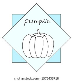 Pumpkin doodle on a beautiful background with the inscription. Vegetarian elements for your design. A series of food and drink and culinary ingredients. Hand drawn illustration, object collection. Vec