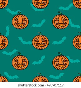 Pumpkin doodle pattern. Seamless green background for holiday Halloween party. Vegetables texture print for child, textile, clothes, banner, website, greeting card. Vector illustrator.