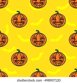 Pumpkin doodle pattern. Seamless yellow background for holiday Halloween party. Vegetables texture print for child, textile, clothes, banner, website, greeting card. Vector illustrator.