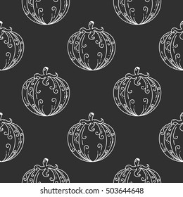 Pumpkin doodle pattern. Vegetable black background for holiday Halloween or Thanksgiving day party. Vintage texture print for textile, shirt, cloth, banner, website, greeting card. Vector illustrator.