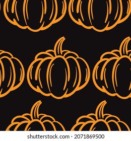 Pumpkin doodle seamless pattern orange on black