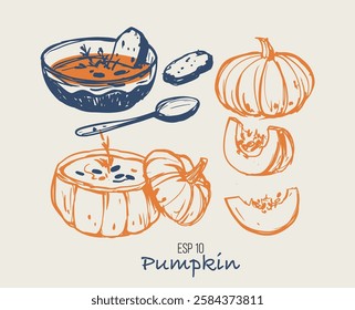 Pumpkin. Doodle style illustrations, soup plate, vector sketches