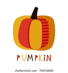 Pumpkin: doodle vector illustration with bright pumpkin for autumn greeting cards, t-shirt prints, scrapbook. Fashion baby print in red, yellow and brown colors.
