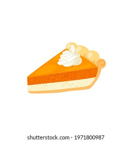 Pumpkin double layer thanksgiving pie slice with whipped cream. Vector illustration cartoon flat icon isolated on white background.