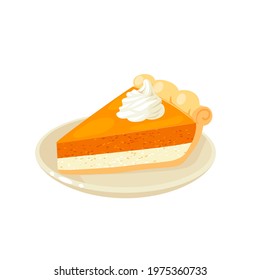 Pumpkin double layer thanksgiving pie slice with whipped cream on plate. Vector illustration cartoon flat icon isolated on white background.