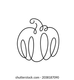 Pumpkin drawing continuous line vector illustration. Black one thin contour in vegetable form. Concept for thanksgiving, halloween minimal design isolated on white background.