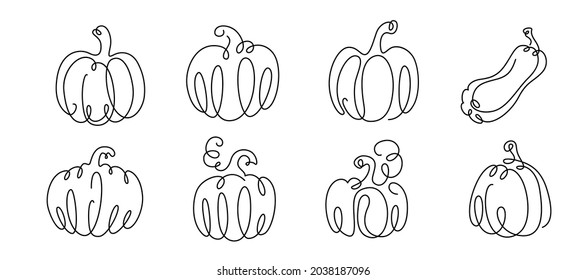 Pumpkin drawing continuous line vector illustration set. Black one thin contour in vegetable form. Concept for thanksgiving, halloween minimal design.