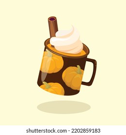 Pumpkin Drink With Cream Topping And Cinnamon Vector Illustration | Pumpkin Decorative Cup |  Flat Design Isolated | Halloween And Thanksgiving Meal | Autumn Beverage