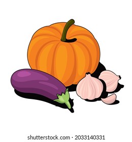 Calabaza, berenjena, ajo. Línea de esbozo vectorial 3d isométrica, ilustración de icono de color, estilo plano. Idea de diseño creativo y elementos para infografías y sitios web.