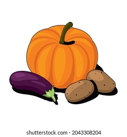 Pumpkin, eggplant, potatoes. Vector 3d sketch line isometric, color icon illustration, flat style. Creative design idea and elements for infographics and website.