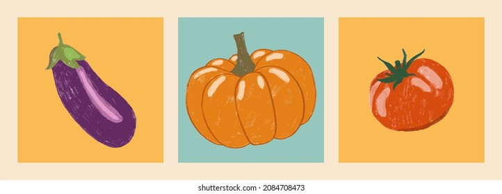 Pumpkin, eggplant and tomato. Collection of vector icons. Hand-drawn, flat design. Funny food concept.