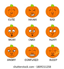 Pumpkin emoji. Funny hand-drawn Halloween faces. Vegetable vector illustration for the holiday of all saints day.