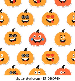 Pumpkin Emoji Seamless Pattern. Halloween Happy Pumpkins characters. Thanksgiving planner Sticker. Laughing with tears of Joy, Friendly Faces. Orange Squash Smiles for messenger. Vector illustration