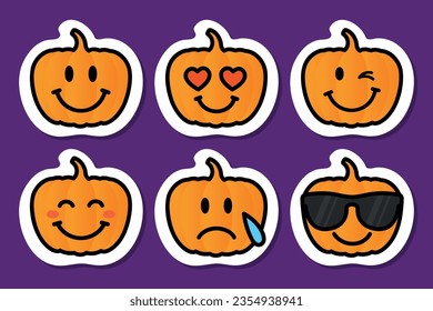 pumpkin emoji set, cartoon orange pumpkins, characters with different facial expressions, vector sticker pack