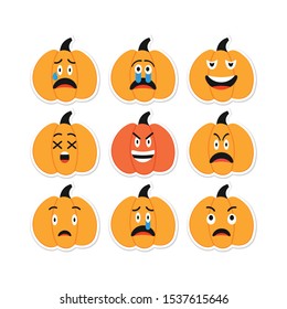 Pumpkin Emoji Set. Halloween Angry Sad Pumpkins characters. Thanksgiving, Harvest planner Sticker. Anger, Sadness, Suffering Emojis Faces. Orange Squash Smiles for app, messenger. Vector illustration