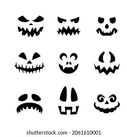 Pumpkin Emojis. Halloween Devil Faces Silhouettes Collection. Spooky Creatures with evil Eyes, Teeth, and Creepy Smiles Set on White