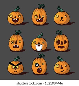 Pumpkin emoticons for Halloween. Vector illustrations set.