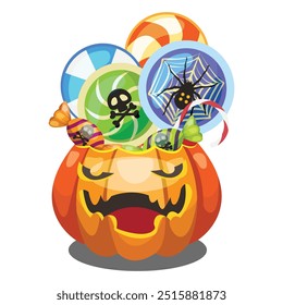 Pumpkin emotion with candies. Halloween icon. Vector illustration.