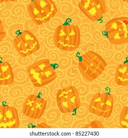 Pumpkin emotions curl on orange background seamless pattern vector