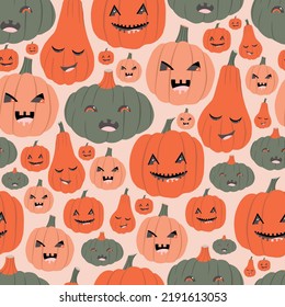 Pumpkin emotions, seamless pattern on a pink background, aphids, wallpaper trellises, halloween pumpkins, scary faces.