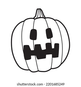 Pumpkin with an evil carved face. Doodle sketch drawing. Simple illustration, outline. Icon, design element for Halloween holiday decoration. Scary smile, square eyes, little stalk on top