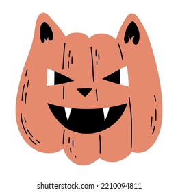 Pumpkin Evil Cat Head. Hand Drawn Halloween Illustration