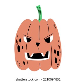 Pumpkin Evil Cat Head. Hand Drawn Halloween Illustration
