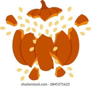 Pumpkin exploding with flying seeds flat vector illustration
