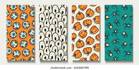 Pumpkin and eye for halloween. Larva spider and scary ghost for creepy backgrounds. Set of seamless patterns with eyeball, insect and spirit for holiday package and wrapper