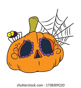 Pumpkin with eye patterns with spider web, vector design for banner, poster, greeting card, party invitation.