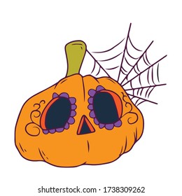 Pumpkin with eye patterns with spider web, vector design for banner, poster, greeting card, party invitation.
