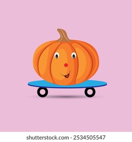 Pumpkin with eyes and mouth on a skateboard