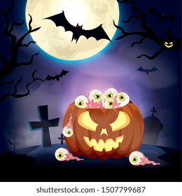 pumpkin with eyes scary in the dark night halloween scene