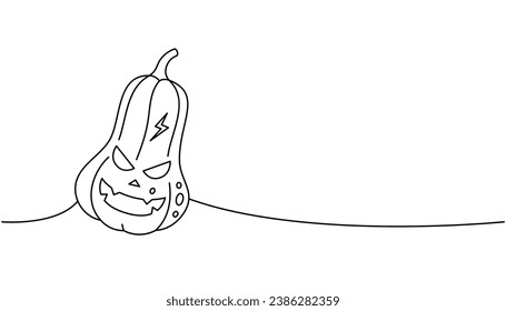 Pumpkin face, autumn vegetable one line continuous drawing. Halloween scary pumpkin continuous one line illustration. Vector illustration.