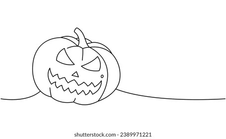 Pumpkin with face, autumn vegetable one line continuous drawing. Halloween pumpkin scary face continuous one line illustration. Vector illustration.